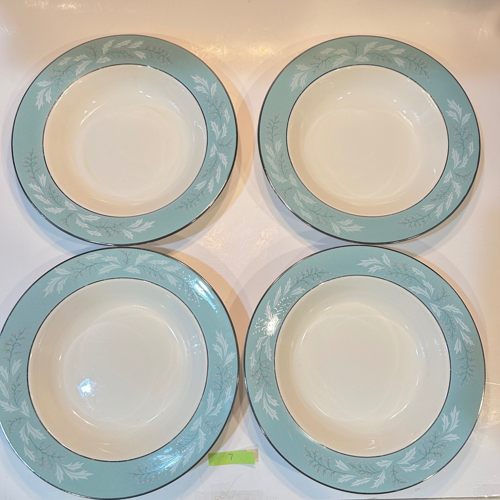 VTG Homer Laughlin Eggshell Cavalier 8.25" Soup Bowls Blue Silver Trim 4pc